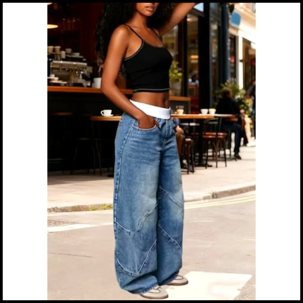 Wide Leg Denim Pants Stretchy Y2K Streetwear Baggy High Rise Color Block - Picture 6 of 7